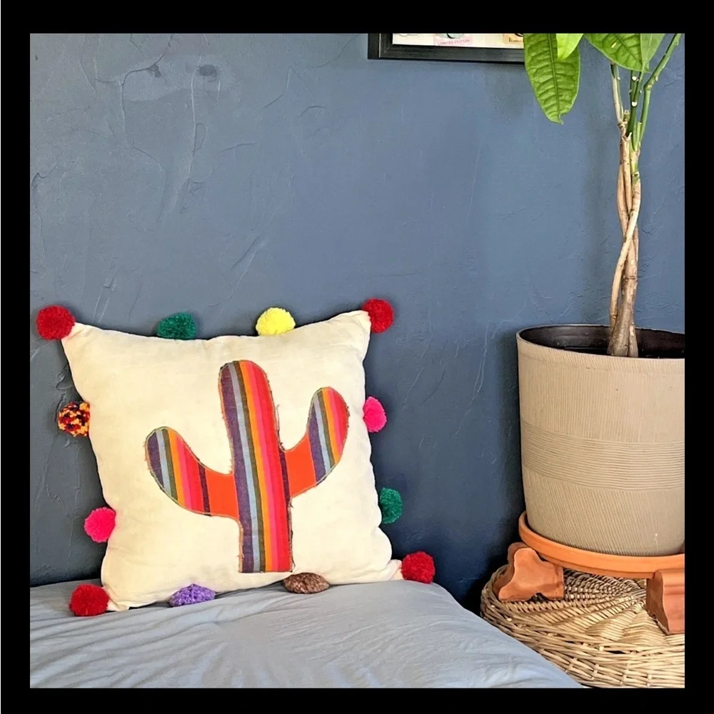 Eclectic Array Vibrant Colorful Cactus Accent Pillow Multicolor Pom-Pom (16x16)